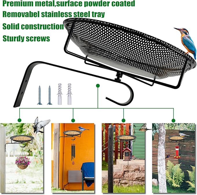 Wall Mounted Bird Feeder Tray,11.8" Stainless Steel Large Fence Tree Mount Birds Feeder for Outside Wild Birds, Table Mountable Platform Bird Feeder Mesh Seed Tray with Hanging Hook