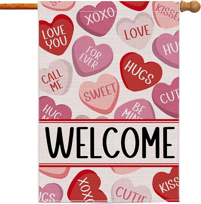 Valentines Day Garden Flag 28x40 Inch Double Sided, Love Hearts Welcome Valentine Decorations Burlap Garden Flags Rustic Anniversary Yard Outdoor Farmhouse Outside