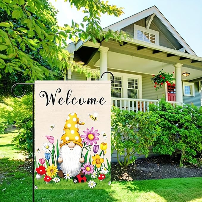 Spring Welcome Gnome Garden Flag 12 x 18 inch Double Sided Outside decorations,Flower Butterfly Small Garden Flags For Outdoor Yard Lawn