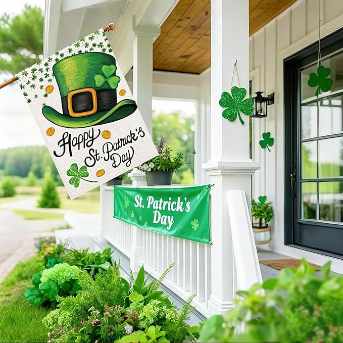 Happy St Patricks Day House Flag Burlap 28x40 Double Sided, Green Hat Shamrocks Lucky Clover Holiday Party Sign Large Flags Yard Outdoor Decorations DF660-28