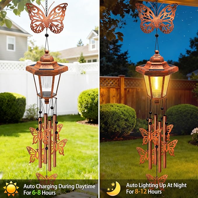 Large Solar Butterfly Wind Chimes with Wind Catcher/Solar Decor Light to Create a Zen Atmosphere Suitable for Outdoor, Garden, Patio Decor Classic Bronze Wind Chimes as A Memorial Gift for Unisex
