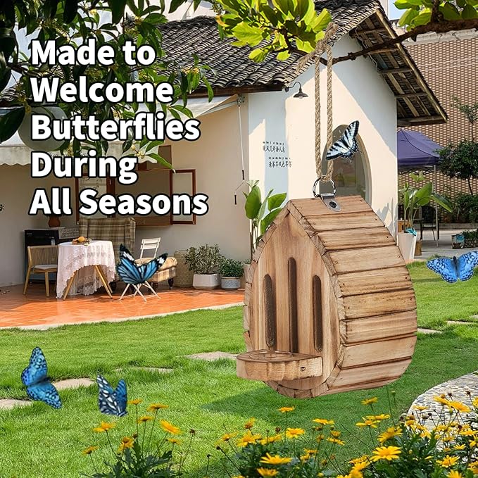 Butterfly House Butterfly Habitat Garden - Wooden Butterfies Houses with Feeder Hanging Garden Decoration Natural Nesting Box for Butterflies Bugs Moths & Lacewings