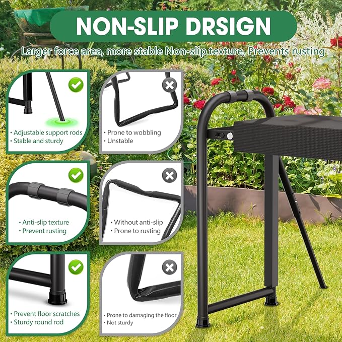 Heavy Duty Garden Kneeler and Seat for Elderly, 400lbs Capacity Foldable Gardening Stool with Support Legs & Thick Pad, Includes Large Tool Organizer Bag, Black (Dark Black)