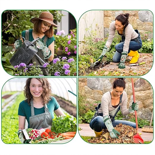 Gardening Gloves, Durable and Comfortable Women's Long Garden Gloves for Gardening Work and Yard Work, Leather Gardening Gloves for Women, Green Print (Medium)