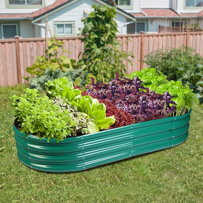 Raised Garden Bed GRS Certified Galvanized Planter Box Outdoor, 8ft Oval Rot-Resistant Metal Garden Bed Planter, Recycled Eco-Friendly Material Planter for Vegetables Flowers Herbs (Green)