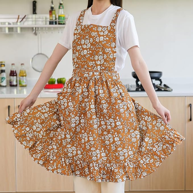 Vintage Pinafore Apron Dress for Women with Pockets Cute Floral Chef Aprons for Kitchen Cooking Baking Gardening