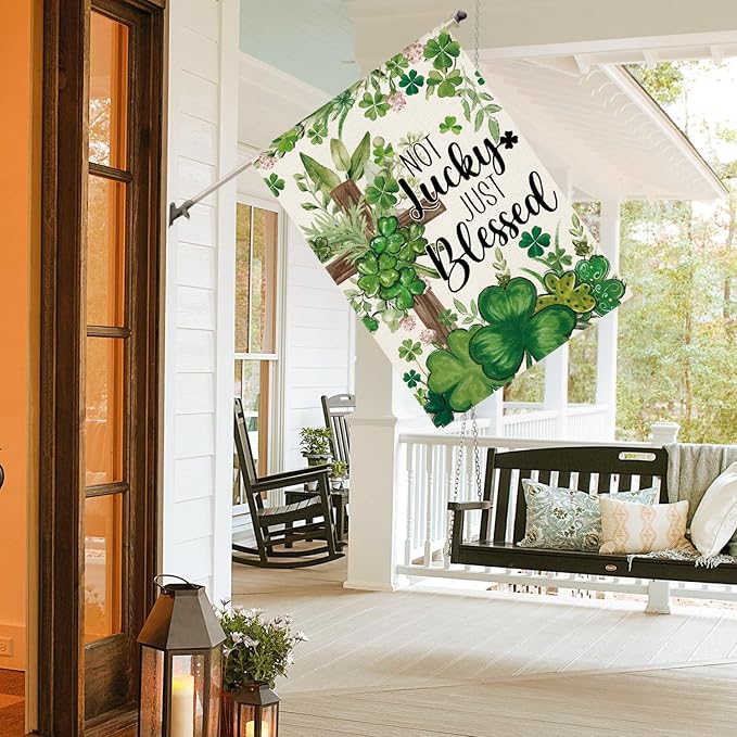 AVOIN colorlife St Patricks Day House Flag 28x40 Inch Double Sided Outside, Not Lucky Just Blessed Shamrocks Clovers Cross Yard Outdoor Flag