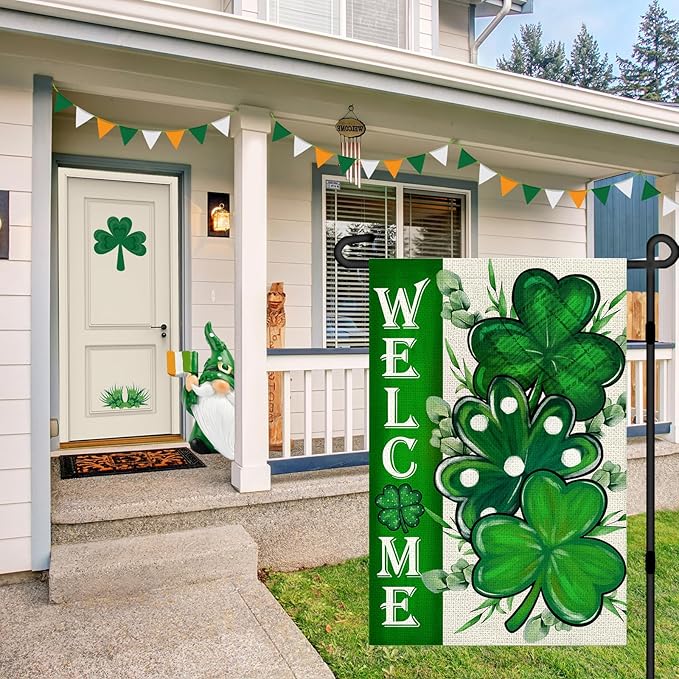 St Patricks Day Shamrocks Garden Flag 12x18 Inch, Double Sided Green Clovers Welcome Flag for Yard Outdoor Decoration