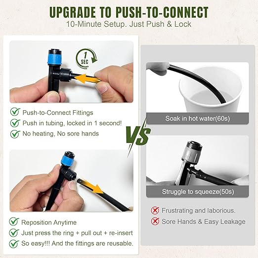 Push-to-Connect Drip Irrigation System Adjustable Irrigation System for Garden Raised Bed Automatic Plant Watering System Complete Drip Irrigation Kit with Drip Emitters, Tubing, Connectors