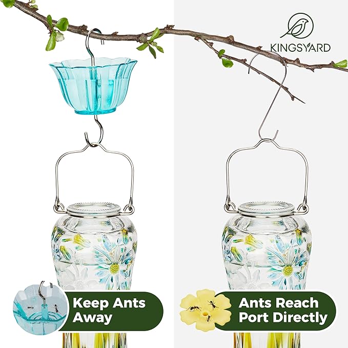 Kingsyard Glass Hummingbird Feeders for Outdoors Hanging, 25 oz Leak Proof Hummingbird Feeder with Ant Moat & 6 Bee Proof Feeding Ports, Turquoise