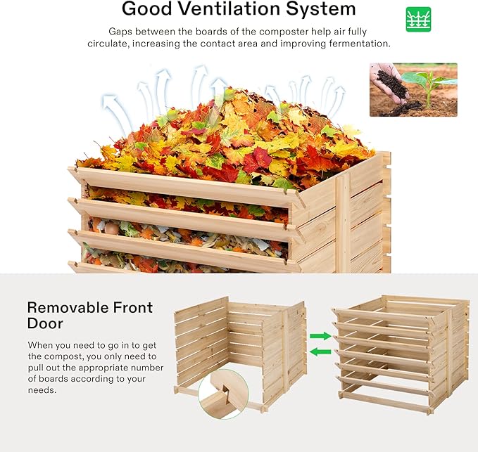 VIVOSUN Wooden Compost Bin, Removable Front Door, Easy to Setup for Backyard, Lawn (Black with Gloves and Liner)