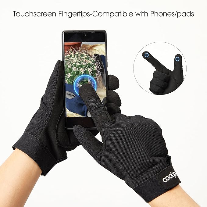COOLJOB Thorn Proof Garden Gloves with Touchscreen Fingers for Men, Rose Pruning Work Gloves with Palm Cushion for Gardener, Farmer and Landscaper (Black 1 Pair Large)