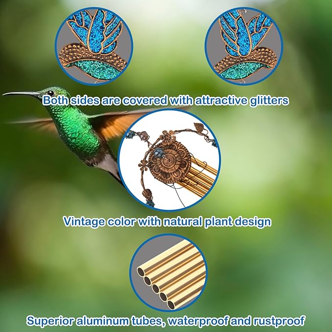 Wind Chimes - Blue Hummingbird Wind Chimes for Outside Deep Tone 34 inches 5 Aluminum Tubes, Birthday, Memorial, Hummingbird Gifts for Mom, Grandma, Decorations for Home, Garden, Patio, Backyard