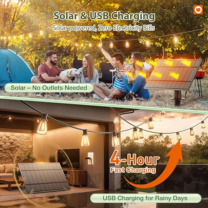 addlon 204FT(2 Pack*102FT) Solar String Lights Waterproof, Patio Lights Solar Powered with Remote & USB Port, 3 Lighting Modes 60+4 LED Shatterproof Bulbs Outdoor Light for Camping Backyard Garden