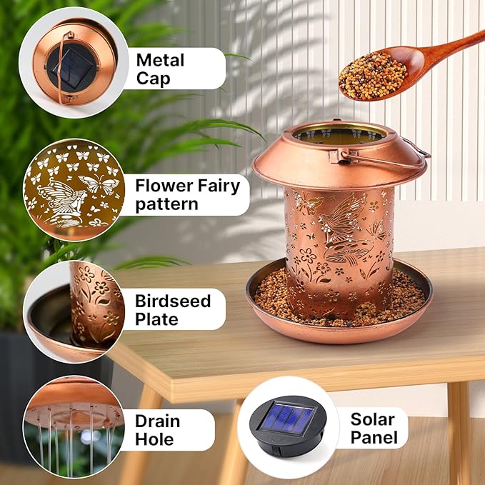 Bird Feeders for Outdoors Hanging Metal Butterfly Solar Bird Feeder Waterproof Solar Lantern Decor Garden Gifts for Women Mom Friends Birds Lovers Decoration for Yard,Patio,Lawn,Christmas