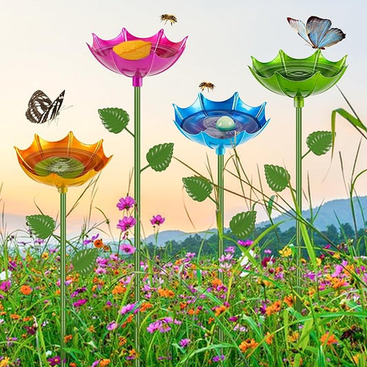 Bee Watering Station | 4 Pack Butterfly Feeder for Outside | Metal Decorative Garden Stakes | Bee Baths for Garden Yard Decor Umbrella Design (Red,Green,Blue,Yellow)