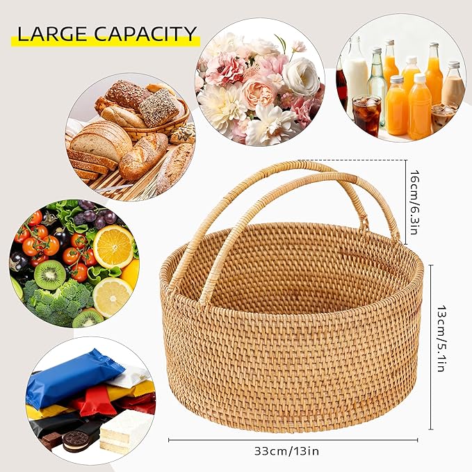 Handwoven Rattan Picnic Basket Sturdy Handles, Round Storage Organizer for Camping, Wedding, Home, Kitchen(13"×13"×5.1")