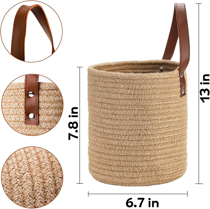 YOUEON Set of 2 Jute Hanging Basket 7.8" x 6.7", Small Wall Hanging Planter Baskets, Natural Jute Woven Storage Basket for Flower Plants Towels Sunglasses Wallet Keys, Boho Decor