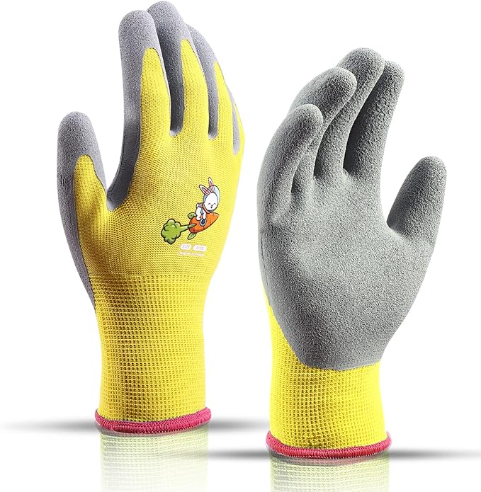 Ages 8-10 Kids Gardening Gloves,Yard Work Gloves for Toddlers, Youth, Girls, Boys, Childrens, Soft Safety Rubber Gloves (XXXS Age 8-10, 1 Pair Yellow Rabbit Carrot)