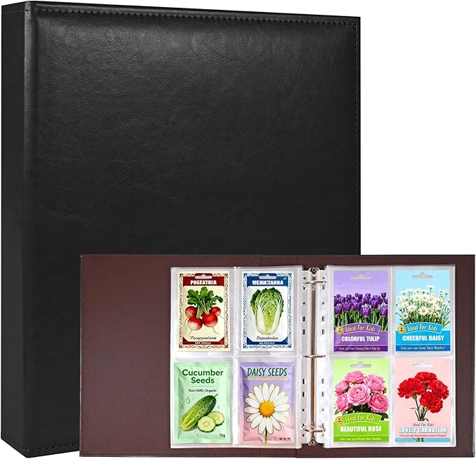 A4 3 Ring Binder Garden Seeds Storage Album with 30 Pcs 3.5x5” Seed Packet Sleeves, PU Leather Hardcover Organization Book for Seed Packet，Photo, Index Card，240 Top Loading Pockets Capacity