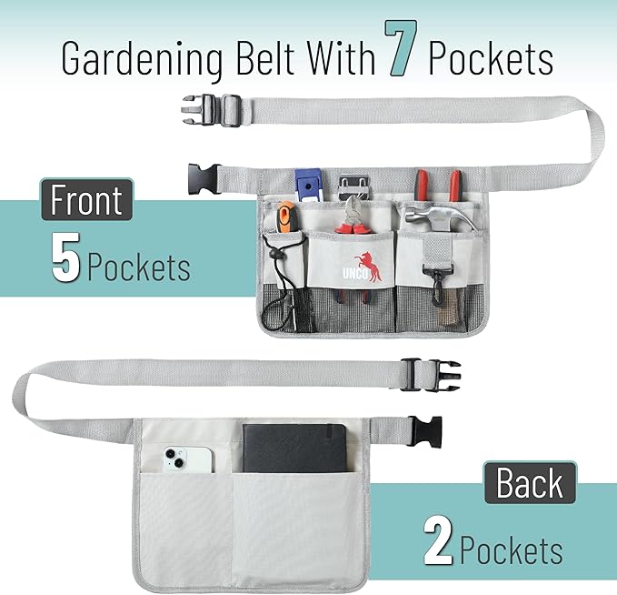 UNCO- Adjustable Gardening Belt, Light Gray, 7 Pockets, Wear Resistant, Cut Resistant, Water Resistant, Garden Tool Belt Pouch, Waist Apron with Pockets