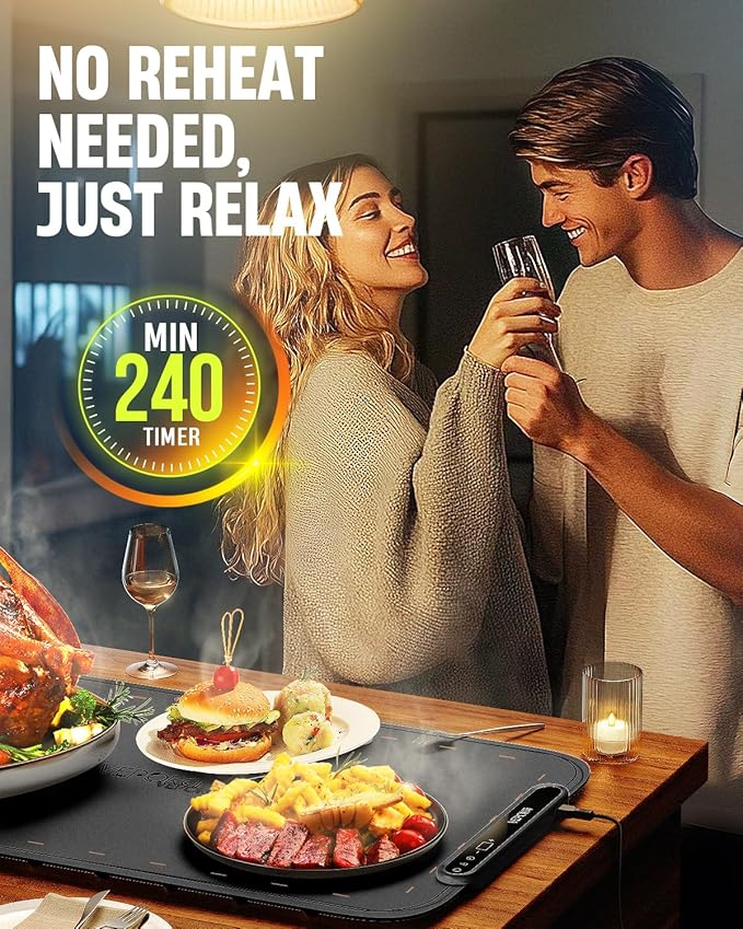 Warming Mat for Food, VEPOKA Food Warmer Mat for Countertop, Electric Warming Tray with 7 Temp Levels & Auto Shut-Off, Food Warmers for Parties, Ideal Gift for Kitchen & Buffet Use