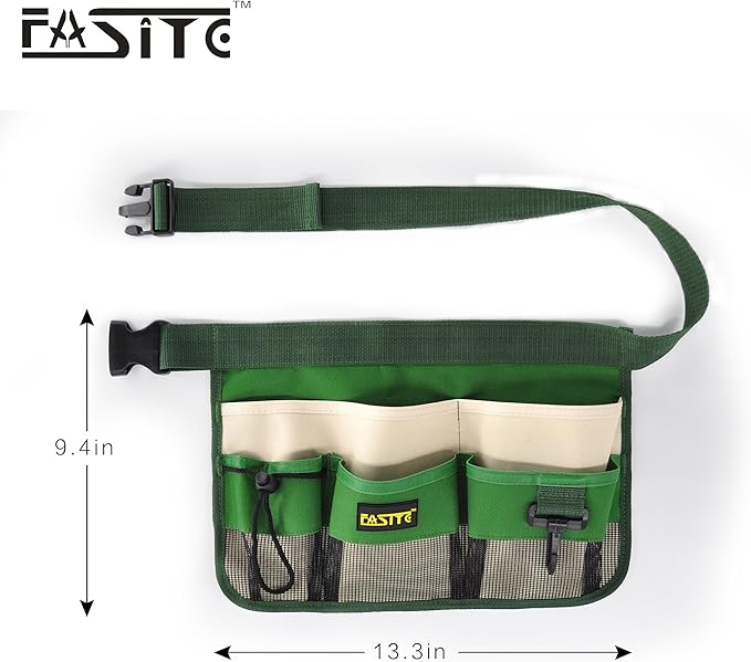 FASITE Gardening Tool Waist Bag Belt, Waterproof Garden Tool Apron with 7-Pocket Hanging Pouch for Men&Women, Adjustable, Green