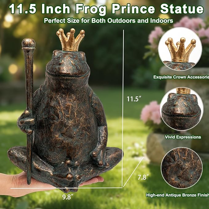 Frog Garden Statue, Yard Decorations Outdoor Decor, Weather-Resistant Animal Figurines & Sculptures, Seated Prince Frog with Scepter for Patio & Lawn, 11.5" H×9.8" L