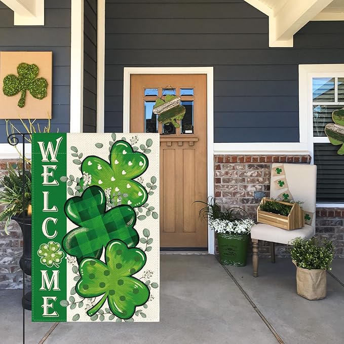AVOIN colorlife St Patricks Day Garden Flag 12x18 Inch Double Sided Outside, Shamrock Lucky Clover Welcome Holiday Yard Outdoor Flag