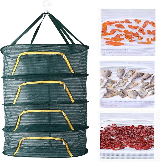 4 Layer Herb Drying Rack, Hanging Mesh Plant Dry Net Basket with U Shaped Zipper, Foldable Drying Rack Net for Garden, Herb, Food, Cloth
