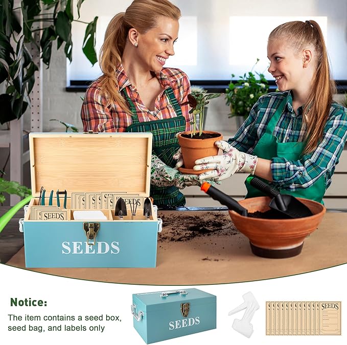 Coolrunner Wood Seed Saving Box, Seed Storage Organizer Case, Seed Packet Storage Organizer with Lock and 3 Handles, 30P Plant Labels, 30P Seeding Envelopes Bag (Blue)
