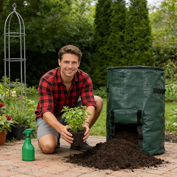 Compost Bin Bags, Outdoor Reusable Yard Waste Lawn Bags, Heavy Duty Garden Composting Garbage, Outdoor Container with Zipper Lid and Handles for Loading Leaf Trash, Green