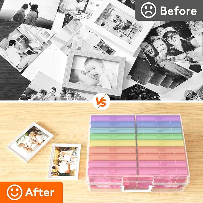 Lifewit Plastic 4x6 Photo Storage Box, 18 Pcs Inner keeper with Lids, Transparent Rainbow Color Photo Organizers with Label Stickers, Craft Storage Box for Seeds Cards Office Supplies