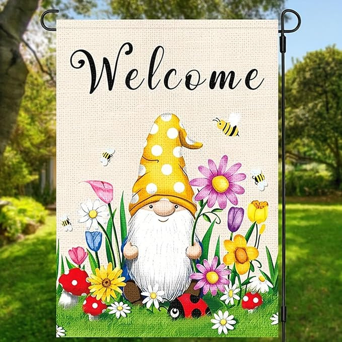 Spring Welcome Gnome Garden Flag 12 x 18 inch Double Sided Outside decorations,Flower Butterfly Small Garden Flags For Outdoor Yard Lawn