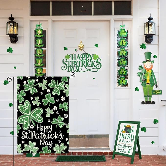 AVOIN colorlife Happy St Patricks Day Garden Flag 12x18 Inch Double Sided Outside, Shamrock Lucky Clover Floral Yard Outdoor Flag