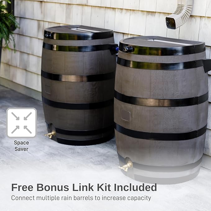 RTS Home Accents 50-Gallon Rain Barrel with Link Kit, Flat Back Rain Water Collection Barrel, Link Kit Included, Woodgrain with Black Stripes (2 Pack)