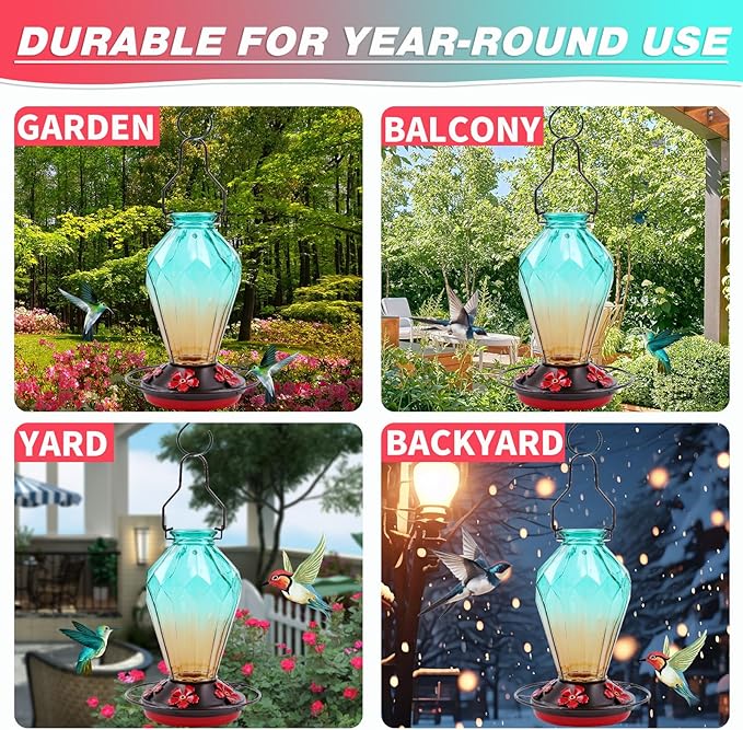 2 Pack Glass Hummingbird Feeder for Outdoors Hanging, 25Oz Humming Bird Nectar Feeder, Perch, 5 Flower Feeding Ports, Leak Proof Base, Hook for Outside Garden Backyard, Diamond Green