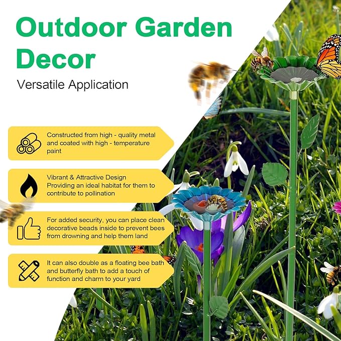4 Pack Metal Bee Watering Station for Garden, Flower-Shaped Bee Cups, Durable Pollinator Hydration Bath & Butterfly Feeders for Outdoors Yard Decor (Red, Green, Blue, Yellow)