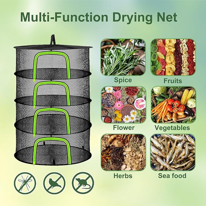 4 Layer Herb Drying Rack, Hanging Mesh Net, Foldable Plant Drying Rack With U-Shaped Zipper, Garden Trimming Shears and Hooks, For Drying Herbs Plants, Fruits, Seafood, Clothing(4 Layers-23.62'')