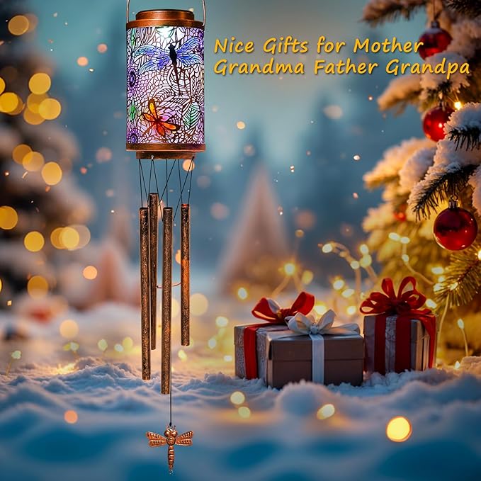 Dragonfly Solar Lights Wind Chimes for Outside, Garden Gifts for Mom Dad Solar Outdoor Lantern Metal Hanging Lights for Garden, Patio, Yard Decor, Mothers Day Birthday Gifts for Women (1Pack)
