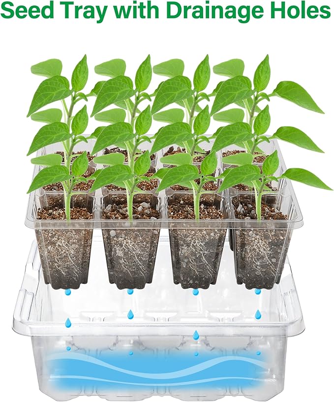Bonviee 5 Packs Seed Starter Tray with Grow Light, Elevated Seedling Starter Trays Kits with Adjustable Humidity Domes and Clear Cell Tray, 12 Full Spectrum led lamp Beads for Plants Indoor-Clear