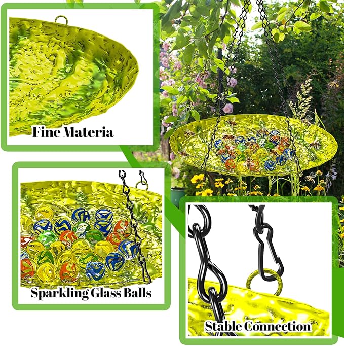 Bee Watering Station for Outside, Hanging Bee Butterfly Feeder for Garden, Metal Butterfly Puddler with Stone Texture Bee Drinking Bowl with Glass Marbles for Outdoors Yard Decor (Hanging-Ellipses)