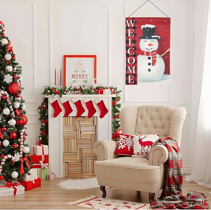 Christmas Garden Flag Decorations,12 * 18in Double Sided Snowman in Buffalo Plaid Scarf with "WELCOME" Sign Decor for Porch Yard Outdoor Holiday Festive Home Welcome
