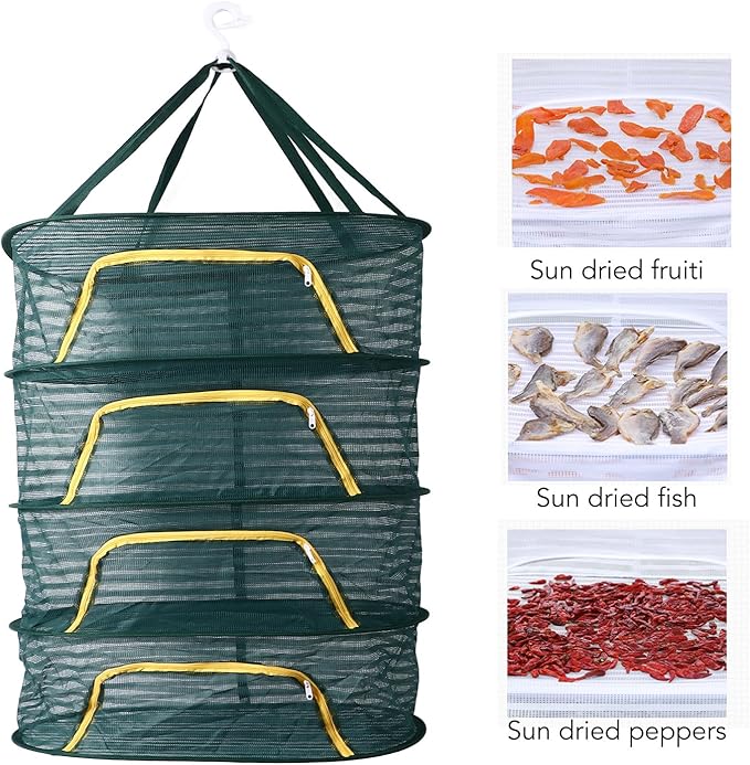 4 Layer Herb Drying Rack, Hanging Mesh Plant Dry Net Basket with U Shaped Zipper, Foldable Drying Rack Net for Garden, Herb, Food, Cloth