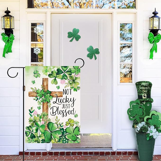 Artofy Christian St Patricks Day Small Decorative Garden Flag, Religious Cross Shamrock Clover Not Lucky Just Blessed Yard Outside Decor, Irish Spring Outdoor Home Decoration Double Sided 12 x 18