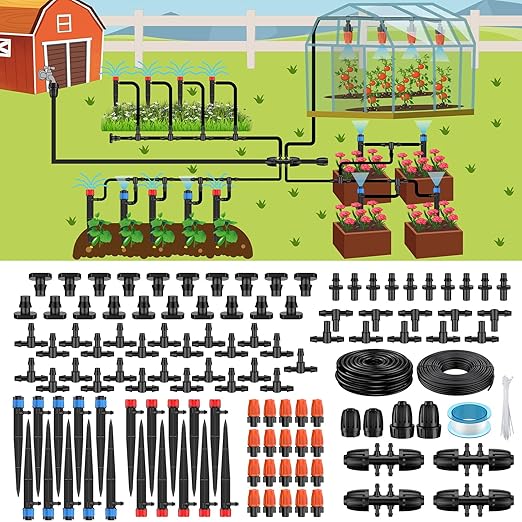Pawfly Drip Irrigation System for Garden, 240FT Drip Irrigation Kit with 1/2" & 1/4" Tubing Adjustable Emitters Fittings and Accessories, Garden Watering System for Garden Greenhouse Lawn Yard