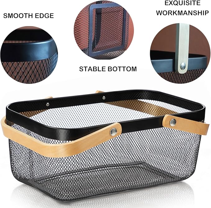 Cheardia 2 Pack Picnic Baskets, Metal Mesh Harvest Basket with Foldable Wooden Handle, Rectangle Garden Storage Basket Bin for Vegetable Fruit Garden Kitchen Cabinet Picking Gathering