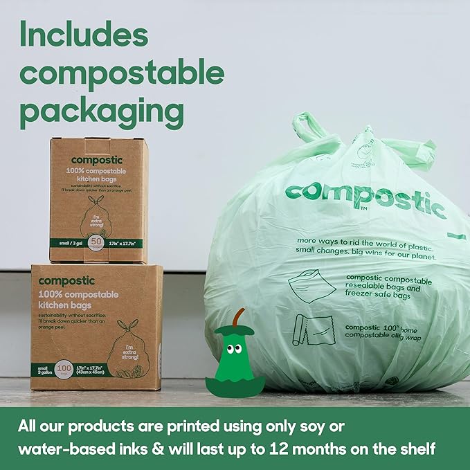 Compostic Home Compostable Trash Bags, 2.99 Gallon Small Kitchen Rubbish Bags, Extra Strong & Quickly Breaks Down, 50 Count