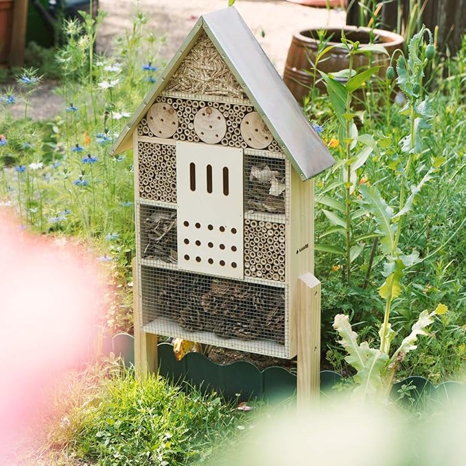 Navaris Insect House with Stakes - Extra Large Wooden Bug Hotel 22.4" H x 15" W - Bee, Butterfly, Ladybug Natural Nesting Habitat for Garden and Yard