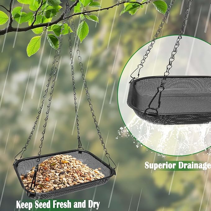 Platform Hanging Bird Feeder for Outdoors – Metal Mesh Seed Tray to Attract Wild Birds, Rectangle 12 x 8 in, Black